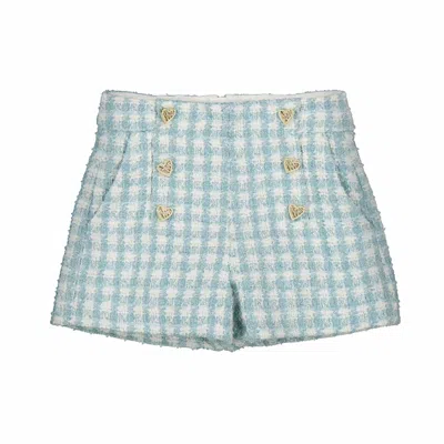 Abel & Lula Kids' Girl's Plaid Shorts With Heart Buttons In Aqua In Green