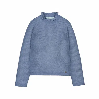 Abel & Lula Kids' Girls' Ribbed Knit Ruffle Neck Top In Blue In Gray