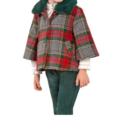 Abel & Lula Kids' Plaid Girls Coat With Faux Fur Collar In Red And Bottle Green In Multi