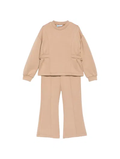 Abel & Lula Kids' Pleated-waist Sweatshirt Trousers Set In Brown