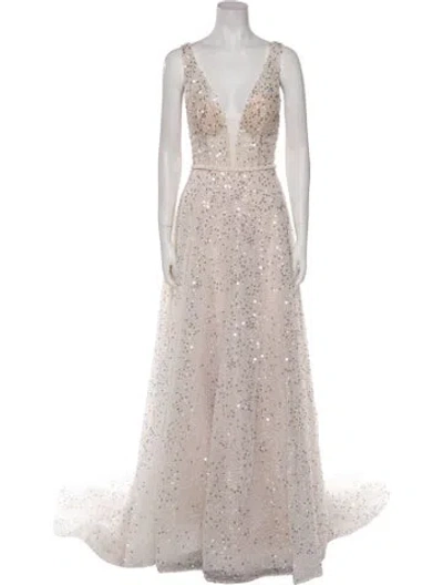 Pre-owned Abella Lace Pattern Long Dress In Neutral