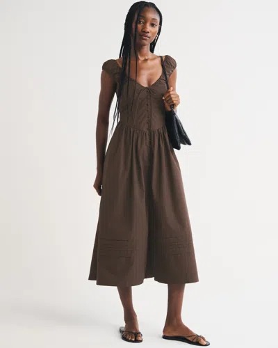 Abercrombie & Fitch 100% Cotton Bra-free Cap-sleeve Dipped-waist Midi Dress In Dark Coffee