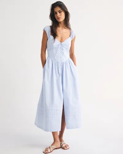 Abercrombie & Fitch 100% Cotton Bra-free Cap-sleeve Dipped-waist Midi Dress In Light Blue Stripe