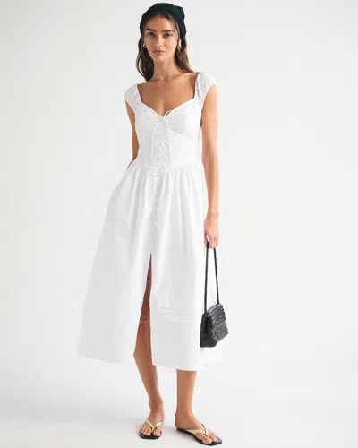 Abercrombie & Fitch 100% Cotton Bra-free Cap-sleeve Dipped-waist Midi Dress In White