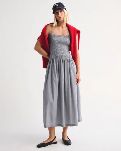 Abercrombie & Fitch 100% Cotton Bra-free Smocked Drop-waist Midi Dress In Black Pattern