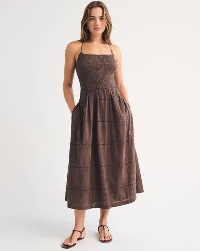 Abercrombie & Fitch 100% Cotton Bra-free Smocked Eyelet Drop-waist Midi Dress In Brown