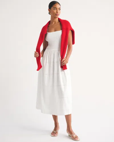 Abercrombie & Fitch 100% Cotton Bra-free Smocked Eyelet Drop-waist Midi Dress In White