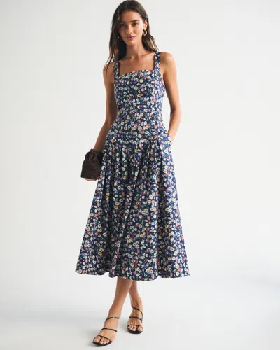 Abercrombie & Fitch 100% Cotton Bra-free Square Neck Pleated Midi Dress In Blue Floral