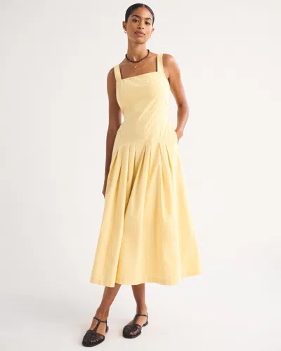 Abercrombie & Fitch 100% Cotton Bra-free Square Neck Pleated Midi Dress In Sunny Yellow