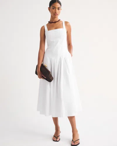 Abercrombie & Fitch 100% Cotton Bra-free Square Neck Pleated Midi Dress In White