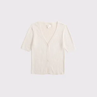 Abercrombie & Fitch 100% Cotton Rib Half-sleeve Cardigan In White