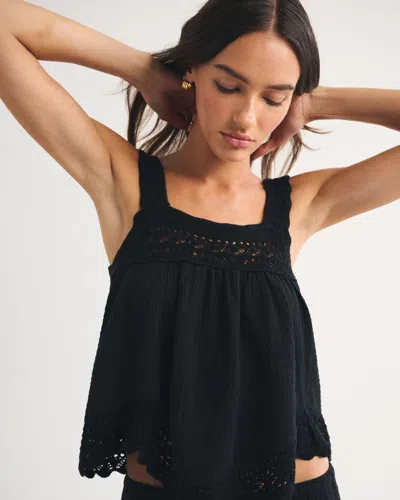 Abercrombie & Fitch 100% Cotton Squareneck Crochet Tank In Black