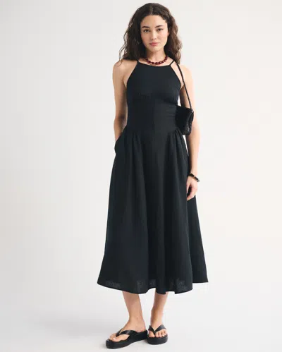 Abercrombie & Fitch 100% Linen A&f Dylan Halter Midi Dress In Black