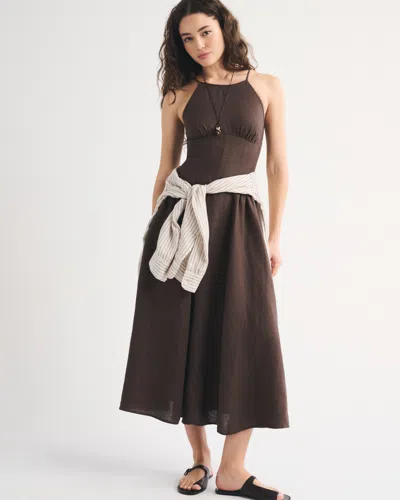 Abercrombie & Fitch 100% Linen A&f Dylan Halter Midi Dress In Brown