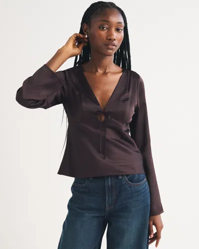 Abercrombie & Fitch A&f Bella Bra-free Long-sleeve Satin Blouse In Dark Coffee