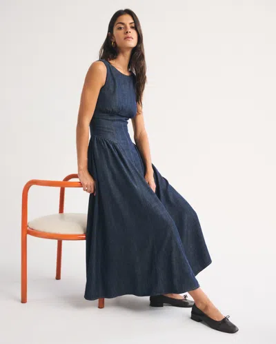 Abercrombie & Fitch A&f Bra Free Dylan Chambray High Neck Dipped-waist Midi Dress In Dark Wash
