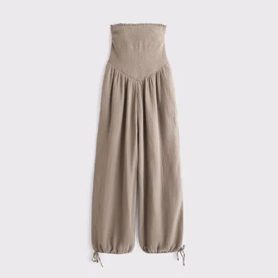 Abercrombie & Fitch A&f Sydney Smocked Strapless Balloon Leg Jumpsuit In Brown
