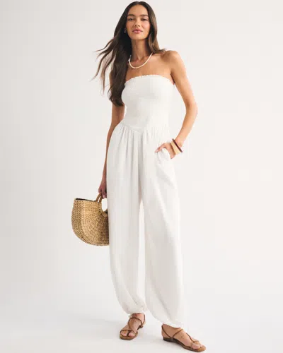 Abercrombie & Fitch A&f Sydney Smocked Strapless Balloon Leg Jumpsuit In White