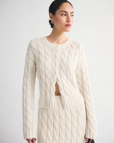 Abercrombie & Fitch Cable Knit Full Zip Collared Cardigan In White