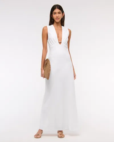 Abercrombie & Fitch Beaded Plunge Linen-blend Maxi Dress In White