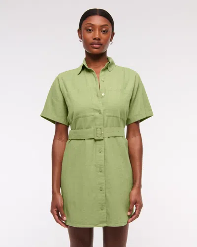 Abercrombie & Fitch Belted Linen-blend Mini Shirt Dress In Green
