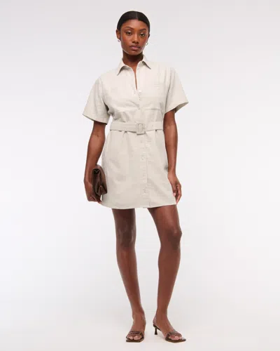 Abercrombie & Fitch Belted Linen-blend Mini Shirt Dress In Sand