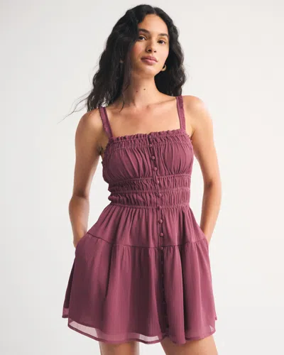 Abercrombie & Fitch Bra-free Button-through Smocked Mini Dress In Burgundy