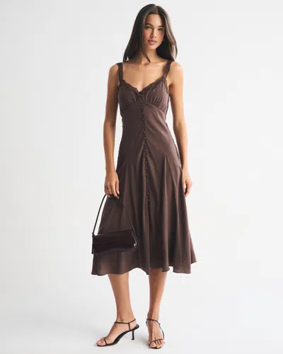 Abercrombie & Fitch Bra-free Lace-trim Button-through Midi Dress In Brown
