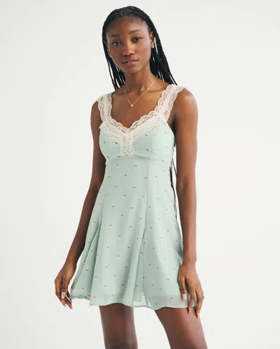 Abercrombie & Fitch Bra-free Lace-trim Button-through Mini Dress In Green