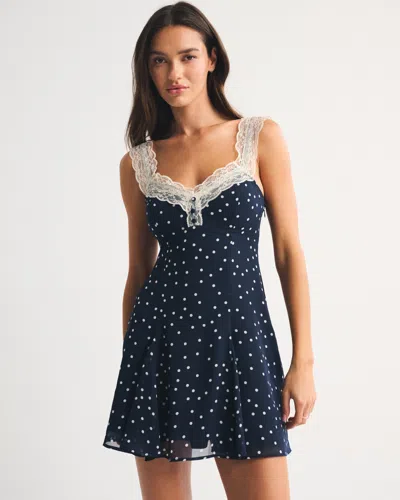 Abercrombie & Fitch Bra-free Lace-trim Button-through Mini Dress In Blue