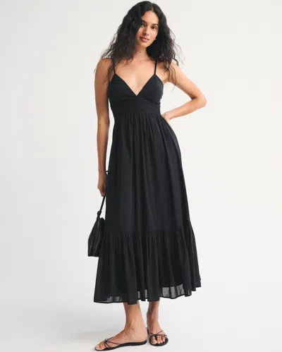 Abercrombie & Fitch Bra-free Tie-back Flowy V-neck Maxi Dress In Black