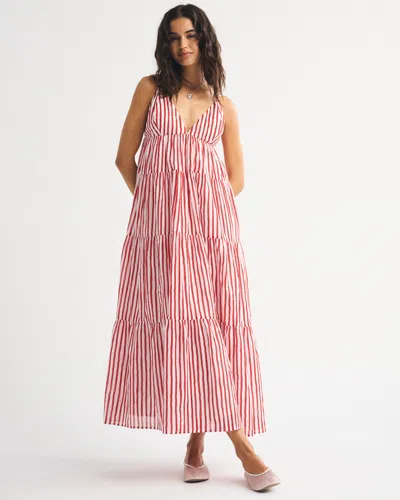 Abercrombie & Fitch Bra-free V-neck Tiered Flowy Maxi Dress In Red