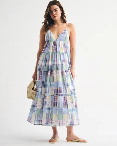 Abercrombie & Fitch Bra-free V-neck Tiered Flowy Maxi Dress In Blue