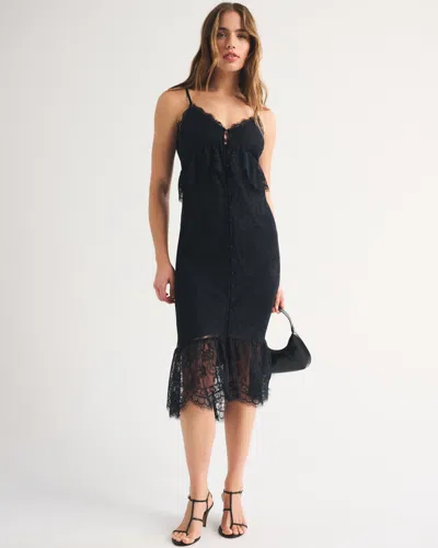 Abercrombie & Fitch Bra-free Button-through Lace Duster Midi Dress In Black