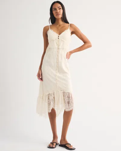 Abercrombie & Fitch Bra-free Button-through Lace Duster Midi Dress In White