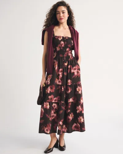 Abercrombie & Fitch Bra-free Button-through Smocked Maxi Dress In Espresso Floral Print