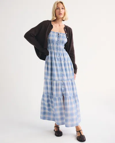 Abercrombie & Fitch Bra-free Button-through Smocked Maxi Dress In Blue