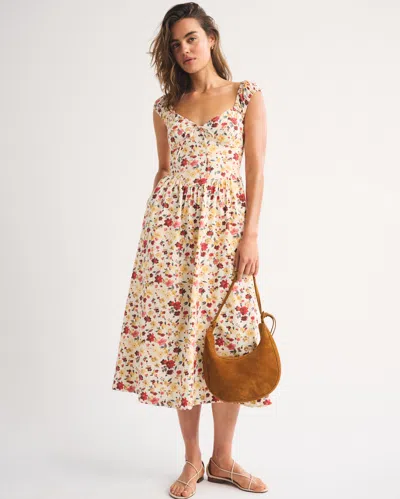 Abercrombie & Fitch Bra-free Cap Sleeve Dipped Waist Midi Dress In Multi