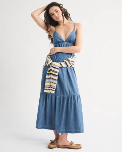 Abercrombie & Fitch Bra-free Chambray Flowy Maxi Dress In Blue