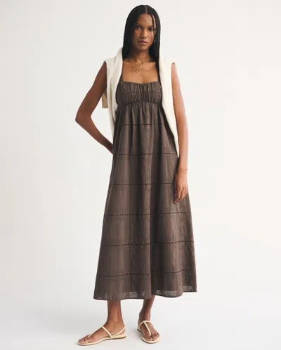Abercrombie & Fitch Bra-free Eyelet Sweetheart Ruched Flowy Maxi Dress In Brown