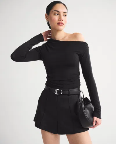 Abercrombie & Fitch Bra-free Fine Wool-blend Asymmetrical Draped Top In Black