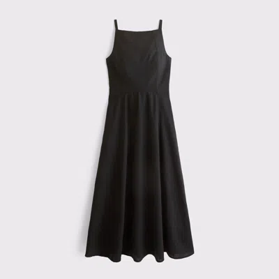 Abercrombie & Fitch Bra-free High Neck Drop-waist Linen-blend Midi Dress In Black
