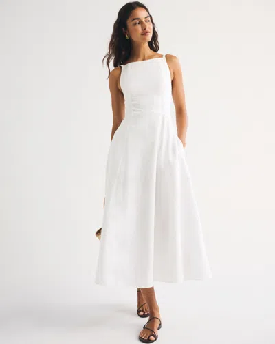 Abercrombie & Fitch Bra-free High Neck Drop-waist Linen-blend Midi Dress In White
