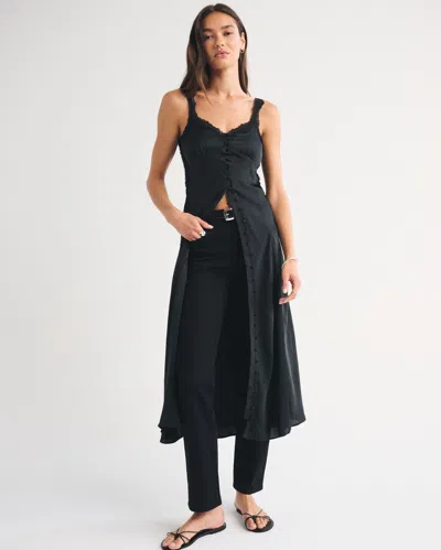 Abercrombie & Fitch Bra-free Lace-trim Satin Button-through Midi Dress In Black