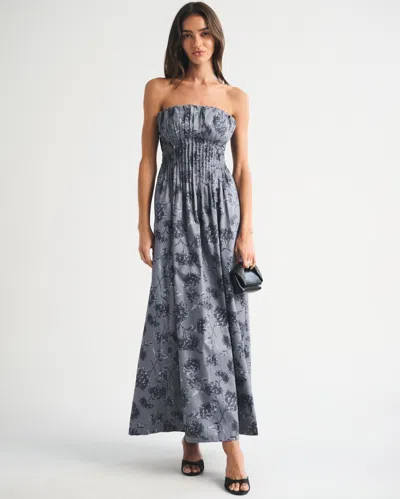 Abercrombie & Fitch Bra-free Strapless Pintuck Maxi Dress In Blue Gray Floral