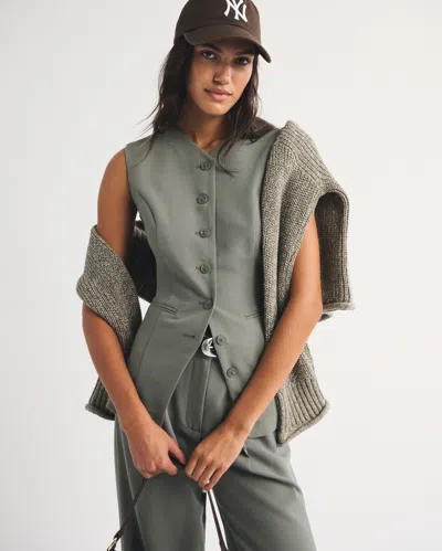 Abercrombie & Fitch Bra-free Tailored Button-up Vest In Muted Basil