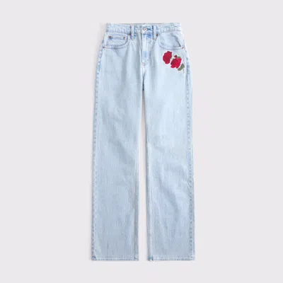 Abercrombie & Fitch Curve Love High Rise 90s Relaxed Rose Embroidered Jean In Blue