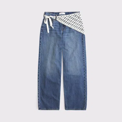 Abercrombie & Fitch Curve Love Low Rise Ultra Loose Crochet-style Belted Jean In Blue
