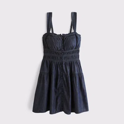 Abercrombie & Fitch Denim Bra-free Button-through Smocked Mini Dress In Blue