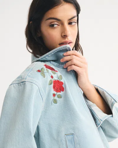 Abercrombie & Fitch Embroidered Denim Zip-up Jacket In Blue